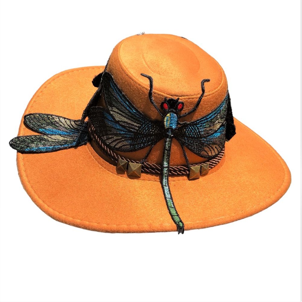 Dragonfly Hat Embellished Fedora Y2K Boho Whimsical Apricot Color NEW - Picture 7 of 7